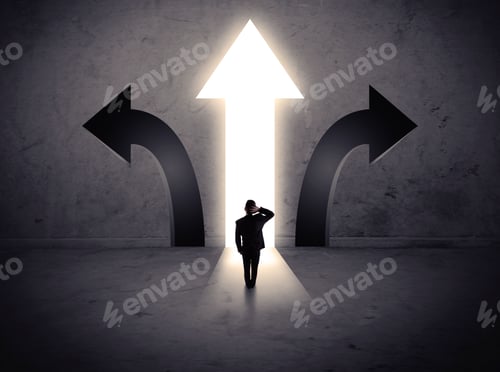 Preview: A Businessman In Doubt, Having To Choose Between Three Different Choices Indicated By Arrows