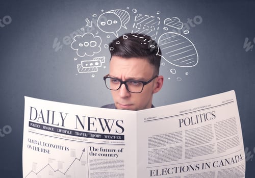 Preview: Puzzled Young Businessman Reading Daily Newspaper With Speech Bubbles Above His Head