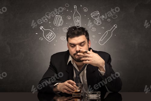 Preview: Drunk Down And Out Man With Doodle Alcohol Bottles Concept