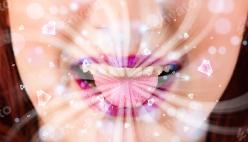 Preview: Beautiful Girl Mouth Breathing Abstract White Lights And Crystals Close Up