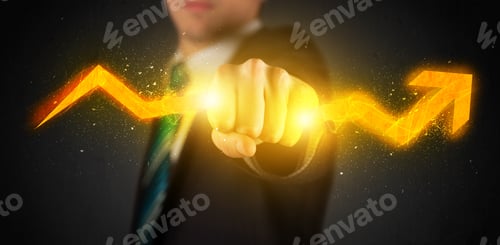 Preview: Business Person Holding A Hot Glowing Upright Arrow Concept On Background