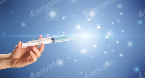 Preview: Female Doctor Hand Holding Syringe With Shiny Crosses In The Background