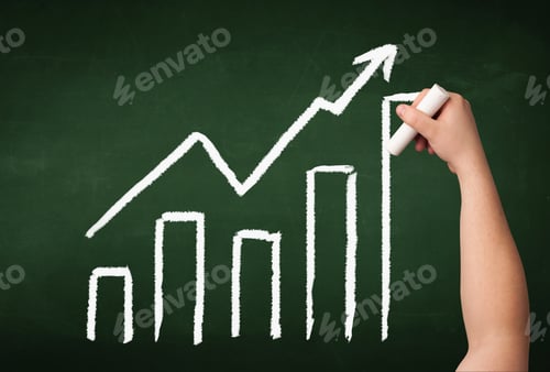 Preview: A Grown Up'S Hand Drawing Chart With Exponentially Growing Arrow On Green Chalkboard