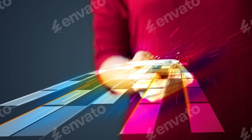 Preview: Woman Holding Smartphone With Abstract Futuristic Lines