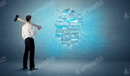 Preview: Business Man Hitting Grungy Brick Wall With Huge Hammer