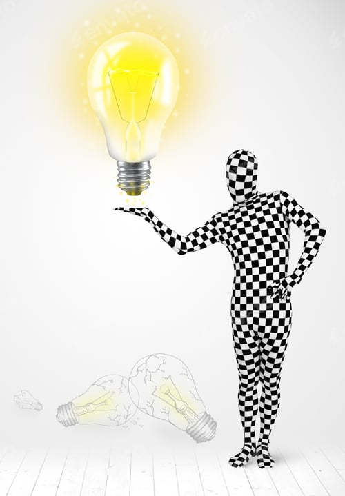 Preview: Funny Man In Full Body Suit With Glowing Light Bulb, New Idea Concept