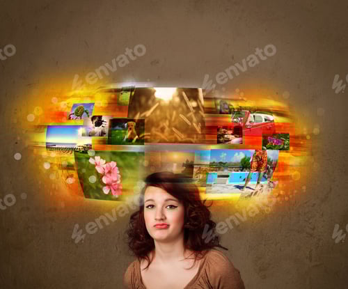 Preview: Cute Girl With Colorful Glowing Photo Memories Concept