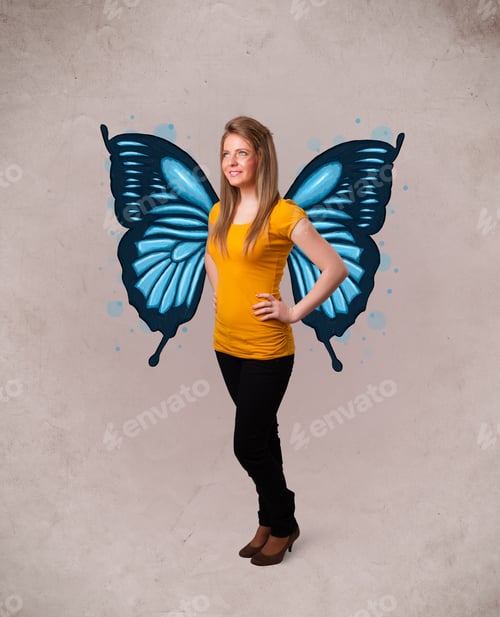 Preview: Cute Young Girl With Butterfly Blue Illustration On The Back