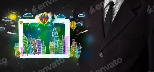 Preview: Young Person Showing Tablet With Hand Drawn Colorful Cityscape