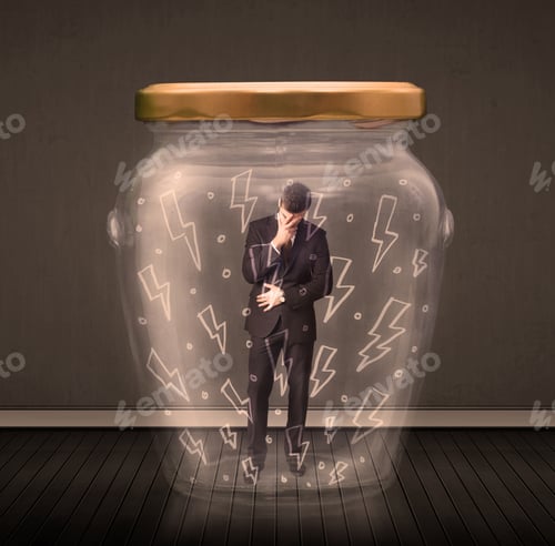 Preview: Businessman Inside A Glass Jar With Lightning Drawings Concept On Background