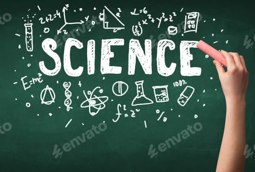 Preview: A Teacher Writing Science, Drawing Chemistry Elements On Clean Green Chalkboard By Hand