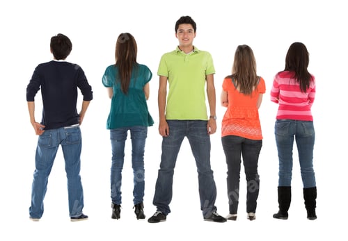 Preview: Happy Man Smiling To The Camera With A Group Facing Backwards - Isolated