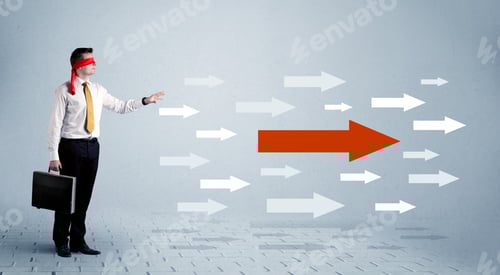 Preview: A Lost Young Sales Person With Blindfolds Trying To Find The Right Path Concept With Large Blue