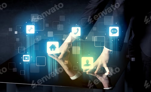 Preview: Modern Smart Table With High Tech Icons On Its Interface Screen Concept