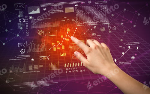 Preview: Female Hand Touching Charts And Graphs On A Red And Purple Background