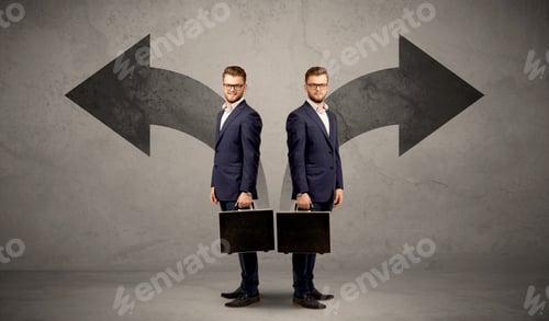 Preview: Young Conflicted Businessman Choosing Between Two Directions Represented By Black Arrows