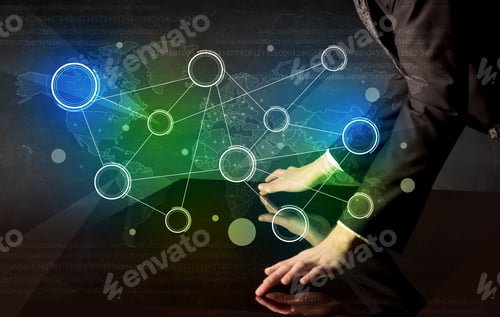 Preview: Male Hands Touching Interactive Table With Colorful World Map On It