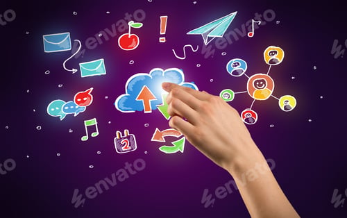 Preview: Female Hand Toucing Mixed Media Icons With Purple Background