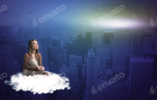 Preview: Caucasian Woman Sitting On A White Fluffy Cloud Above The Big City Wondering