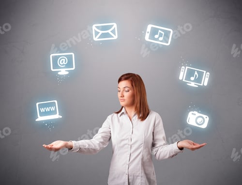 Preview: Pretty Girl Standing And Juggling With Elecrtonic Devices Icons