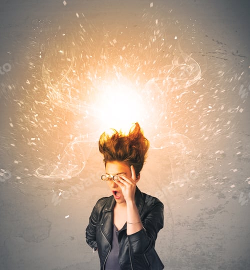 Preview: Young Woman With Energetic Exploding Red Hair Concept On Background