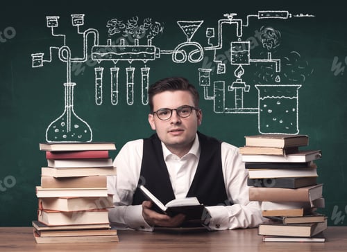Preview: A Young Chemistry Teacher In The Middle Of A Chemical Process Explanation With Tubes, Reactions