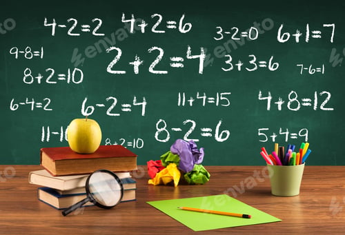 Preview: Going Back To School Concept With Blackboard Full Of Numbers And A Busy Student Desk