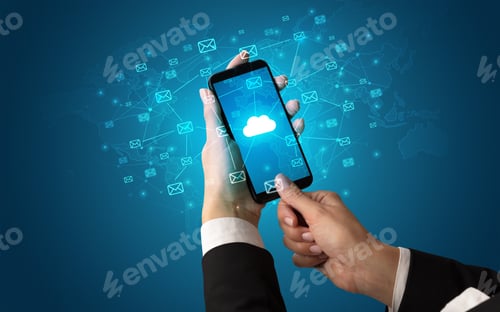 Preview: Female Hand Using Smartphone With Cloud, Message And Global Concept