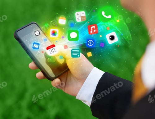 Preview: Hand Holding Smartphone With Colorful App Icons Concept