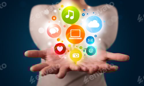 Preview: Young Beautiful Woman Presenting Colorful Technology Icons And Symbols