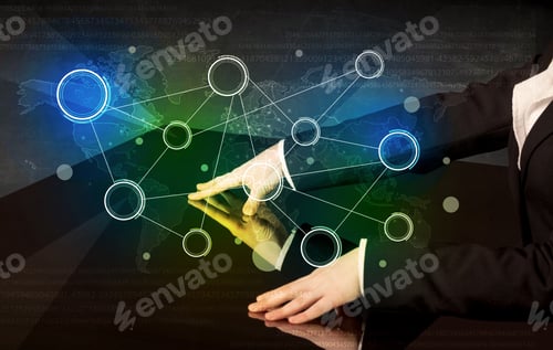 Preview: Male Hands Touching Interactive Table With Colorful World Map On It
