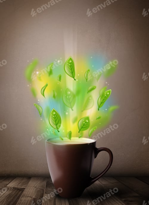 Preview: Tea Cup With Leaves And Colorful Abstract Lights, Close Up