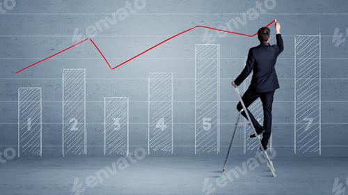 Preview: A Man In Elegant Suit Standing On A Small Ladder And Drawing A Chart On Blue Wall Background With