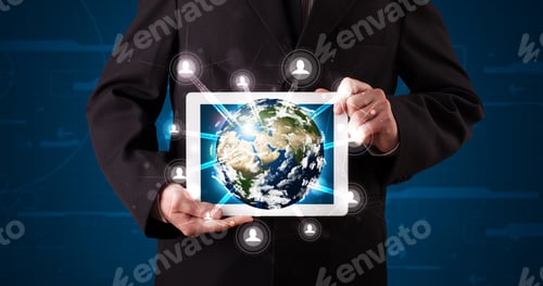 Preview: Young Businessman Presenting 3D Earth Globe In Tablet