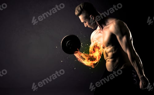 Preview: Bodybuilder Athlete Lifting Weight With Fire Explode Arm Concept On Background