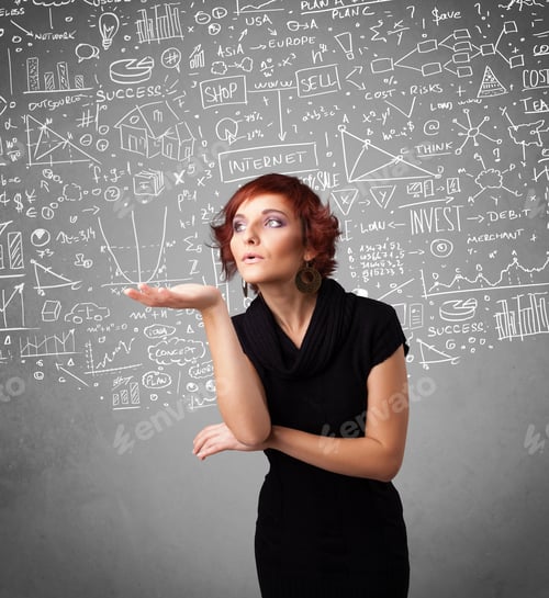 Preview: Young Pretty Lady With Hand Drawn White Calculations And Icons