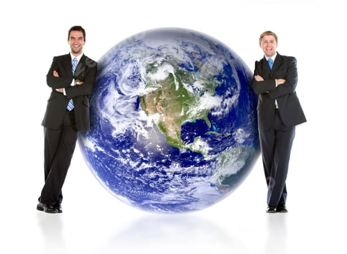 Preview: Businessman Leaning On The Earth Isolated On White