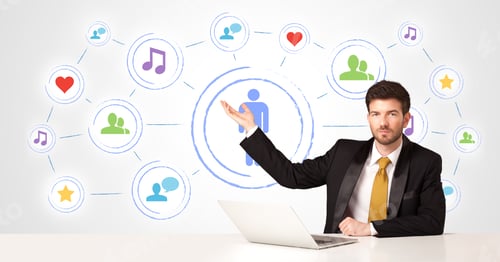 Preview: Businessman Sitting At White Table With Social Media Connection Background