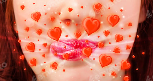 Preview: Pretty Lady Lips With Lovely Red Hearts Close Up