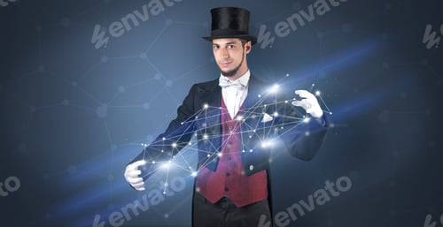 Preview: Magician With Blue Background And Geometrical Connection Between Two Hands