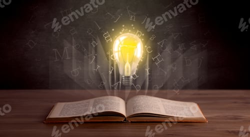 Preview: Shiny Alphabet Letters And Yellow Lightbulb Hovering Over Open Book
