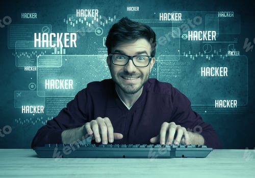 Preview: A Young Handsome Nerd Hacking Internet Web Sites While Working On Computer Keyboard, With Digital