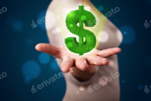 Preview: Young Beautiful Woman Presenting Green Glowing Dollar Sign