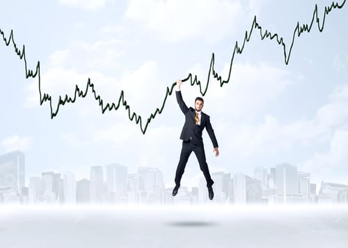 Preview: Businessman Hanging On A Graph Rope