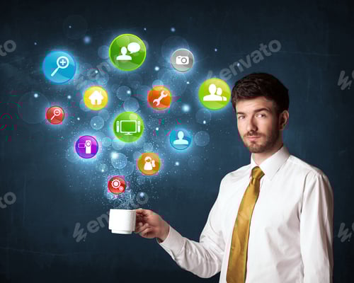 Preview: Businessman Standing And Holding A White Cup With Colorful Setting Icons Coming Out Of The Cup