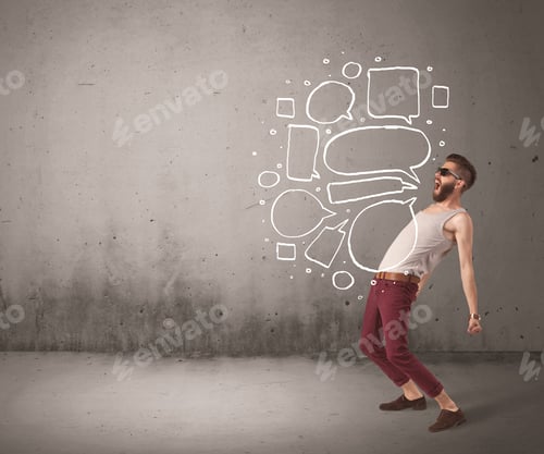 Preview: A Comic Hipster Guy Shouting In Front Of Grey Urban Concrete Wall With Drawn Empty Text Bubbles