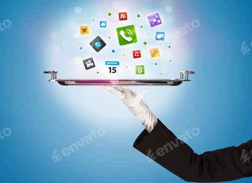 Preview: A Stylish Waiter Hand With White Gloves Holding A Silver Plate Full Of Social Media Communication