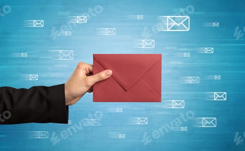 Preview: Female Hand Holding Coloured And White Envelope With Blue Background And Message Symbols Around
