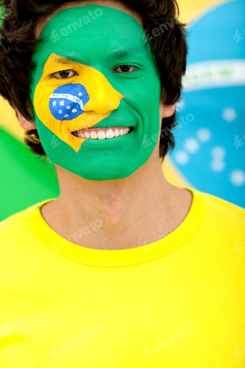 Preview: Portrait Of A Man With The Brazilian Flag Painted On His Face