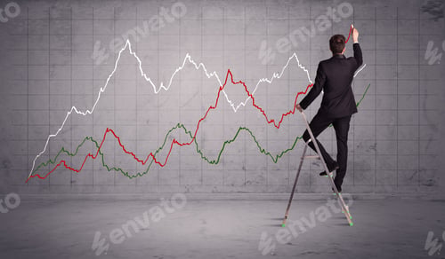 Preview: A Guy In Modern Suit Standing On A Small Ladder And Drawing A Chart On Grey Wall Background With